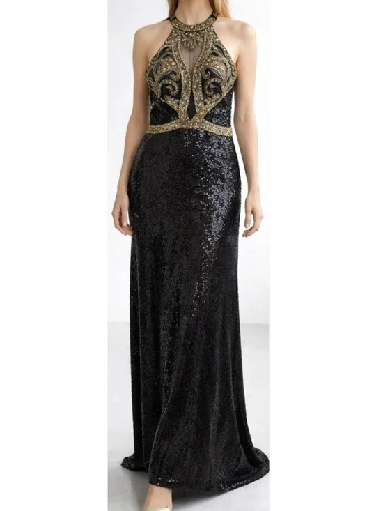 NEW Lucci Lu Women’s Black Gold Beaded Sequin Halter Gown Size 16 36295 - Picture 2 of 14